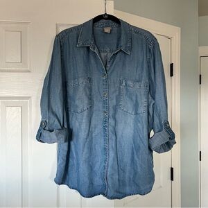 Chico’s Blue Chambray Button Down Denim Shirt Half Hidden Button Size 3 16/18